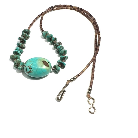 Vintage Native American Turquoise Heishi Bead Necklace Turquoise Chips & Shell - Picture 8 of 8